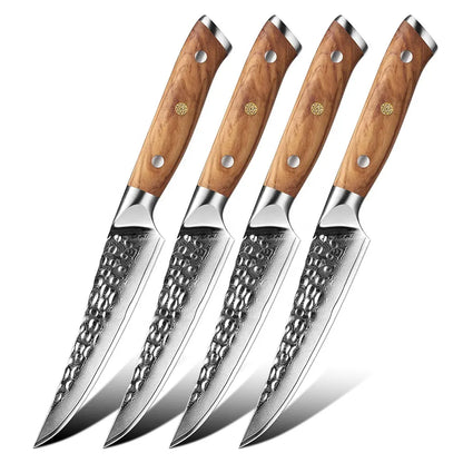 Cuchillo Bistec 12cm 10Cr+Damasco MARTILLADO Olivo (Set x4 unidades)