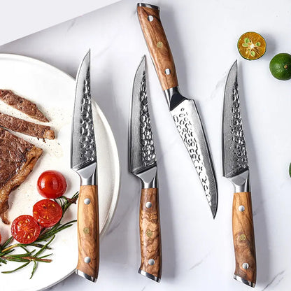 Cuchillo Bistec 12cm 10Cr+Damasco MARTILLADO Olivo (Set x4 unidades)