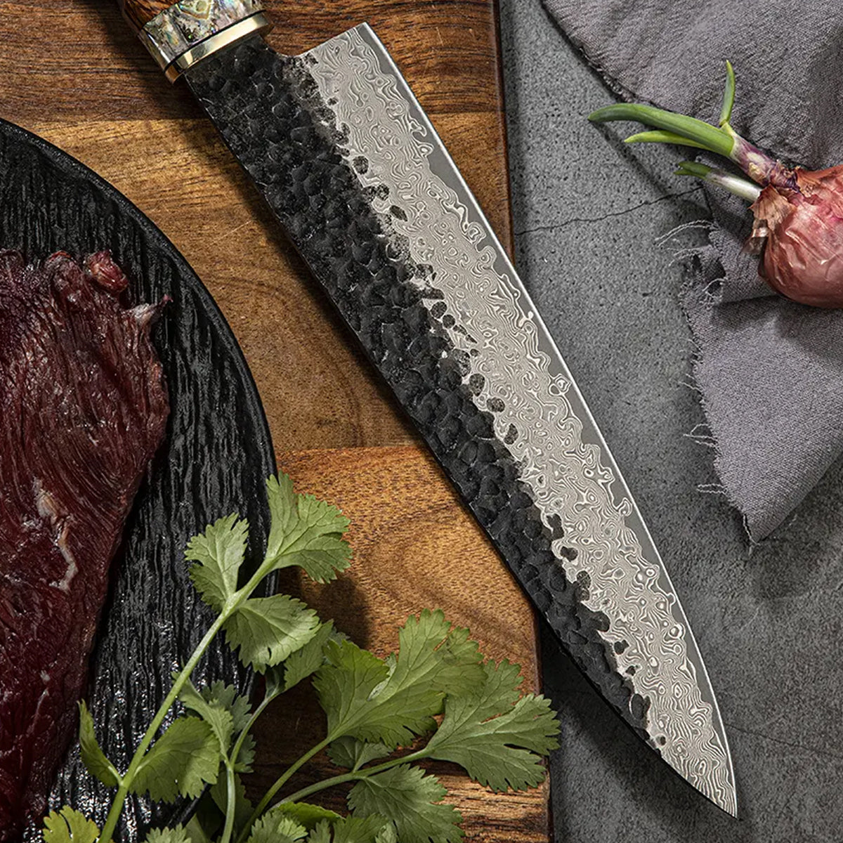 Cuchillo Gyuto 21cm 10Cr Damasco Martillado+Kurouchi Ironwood
