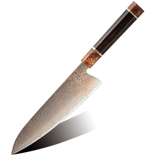Cuchillo Gyuto 21cm 10Cr+Damasco de Cobre Burl+Ebano