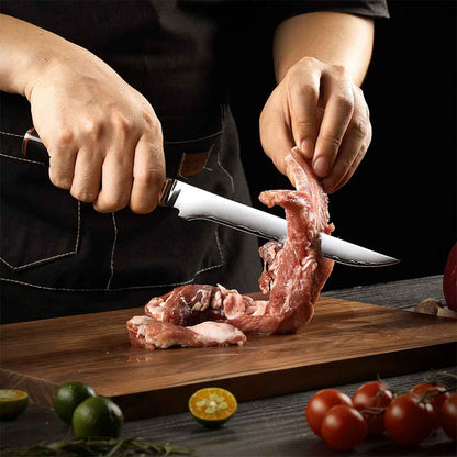 Cuchillo Deshuesador 18cm clad 10Cr Mango G10+rojo D-forma