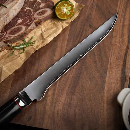 Cuchillo Deshuesador 18cm clad 10Cr Mango G10+rojo D-forma