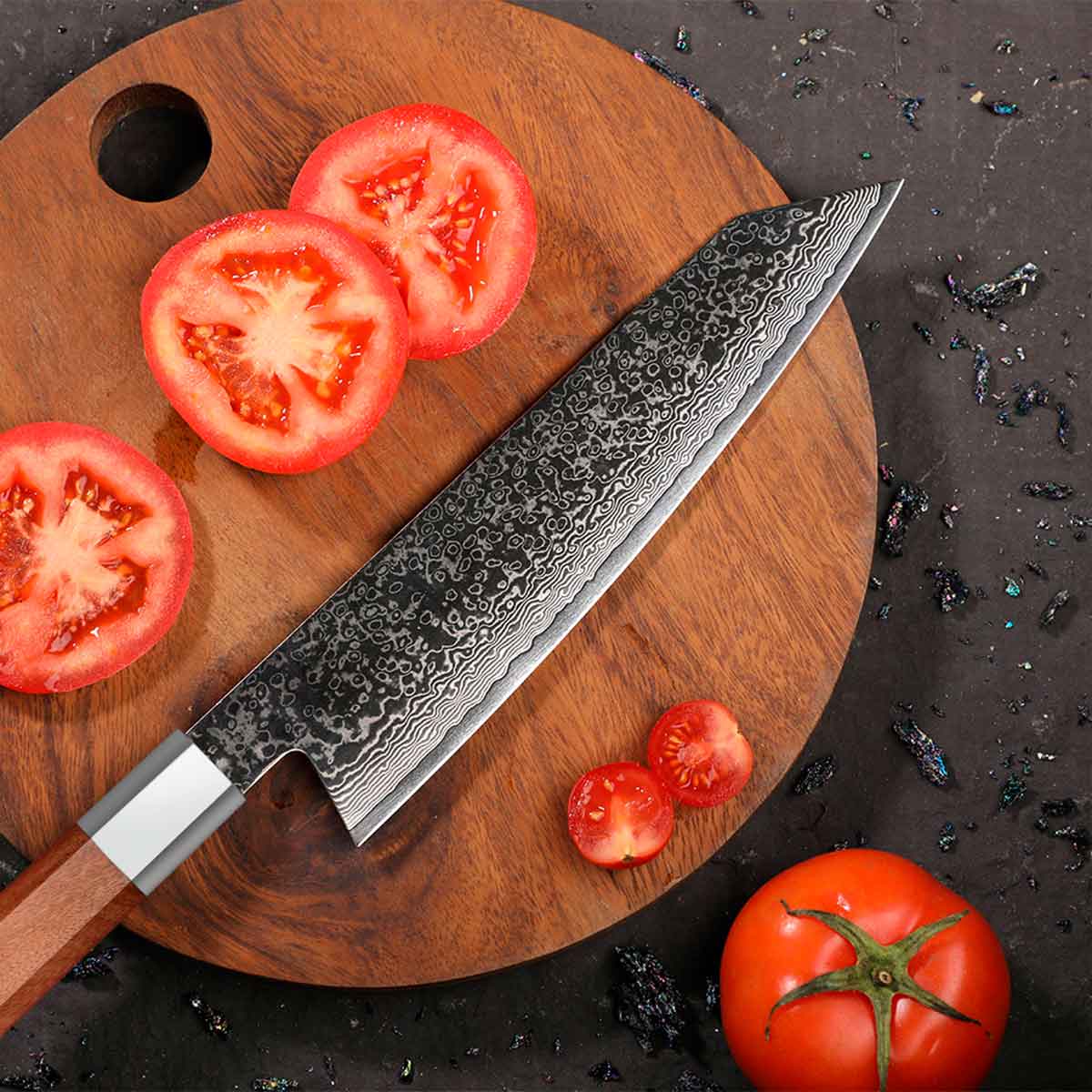 Cuchillo Kiritsuke 21cm Damasco lluvia+10Cr Madera+Inox