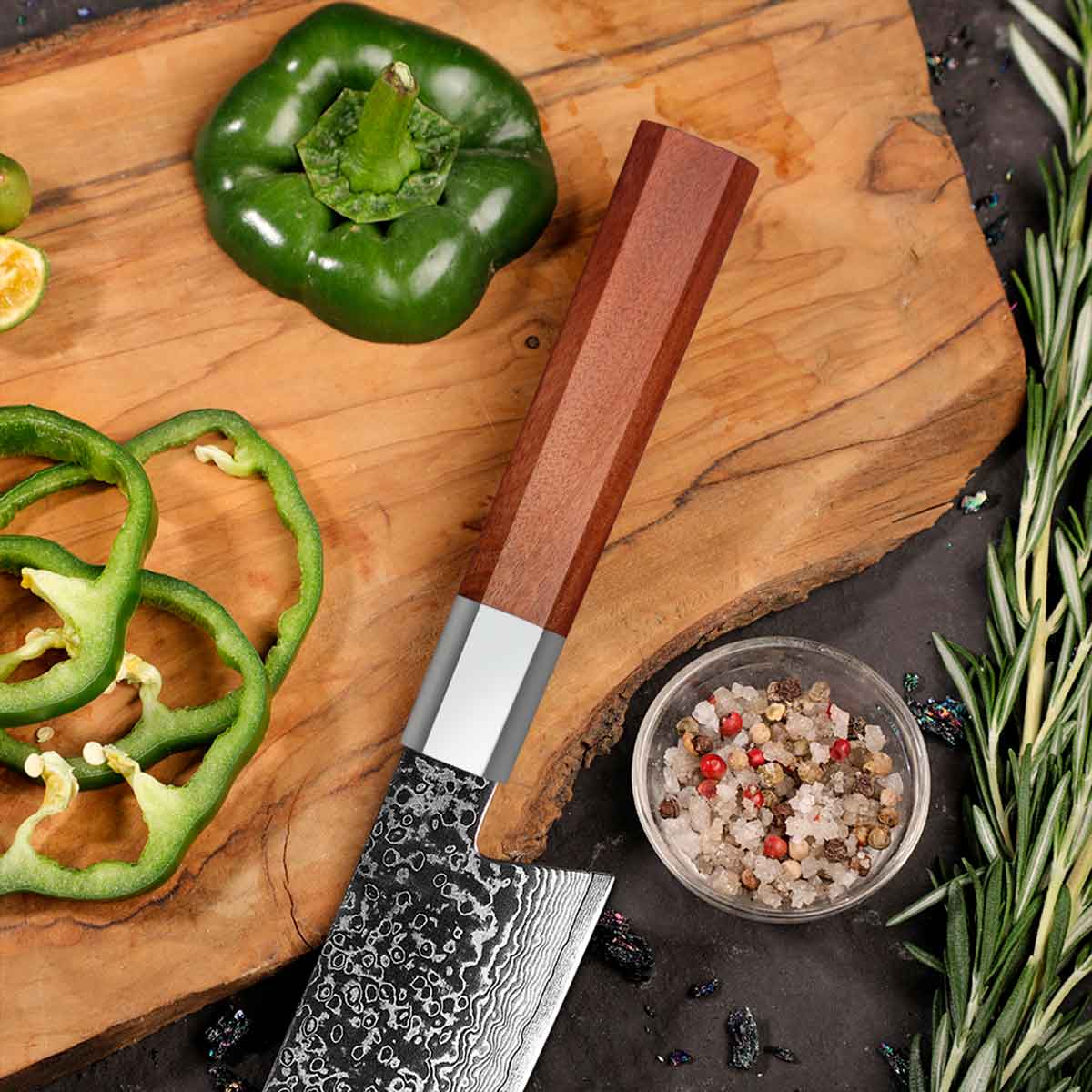 Cuchillo Kiritsuke 21cm Damasco lluvia+10Cr Madera+Inox