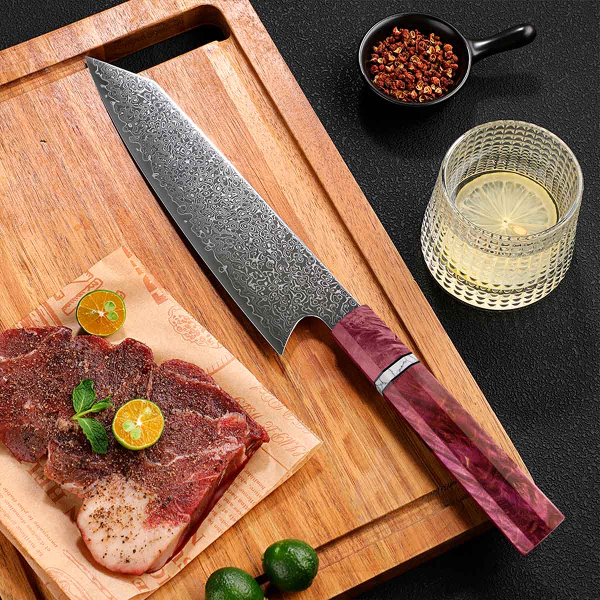 Cuchillo Kiritsuke 21cm Damasco lluvia+10Cr Madera Morada