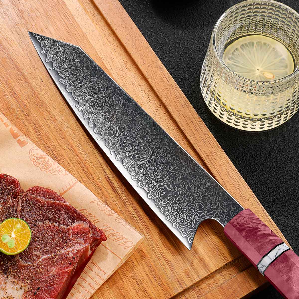 Cuchillo Kiritsuke 21cm Damasco lluvia+10Cr Madera Morada