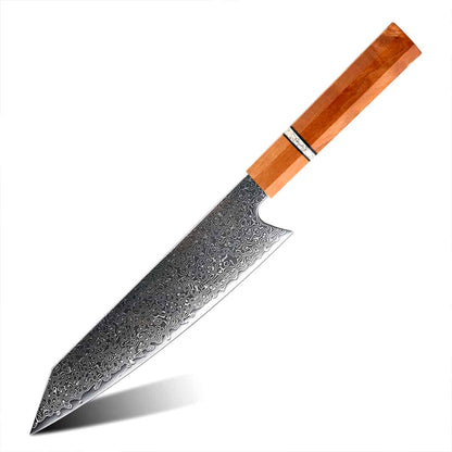 Cuchillo Kiritsuke 21cm San Mai Damasco lluvia+10Cr Madera Anaranjada