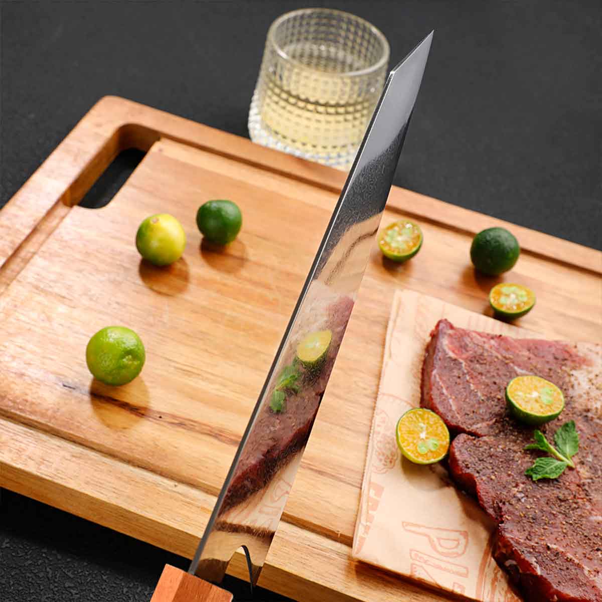 Cuchillo Kiritsuke 21cm San Mai Damasco lluvia+10Cr Madera Anaranjada