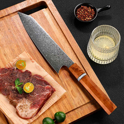 Cuchillo Kiritsuke 21cm San Mai Damasco lluvia+10Cr Madera Anaranjada