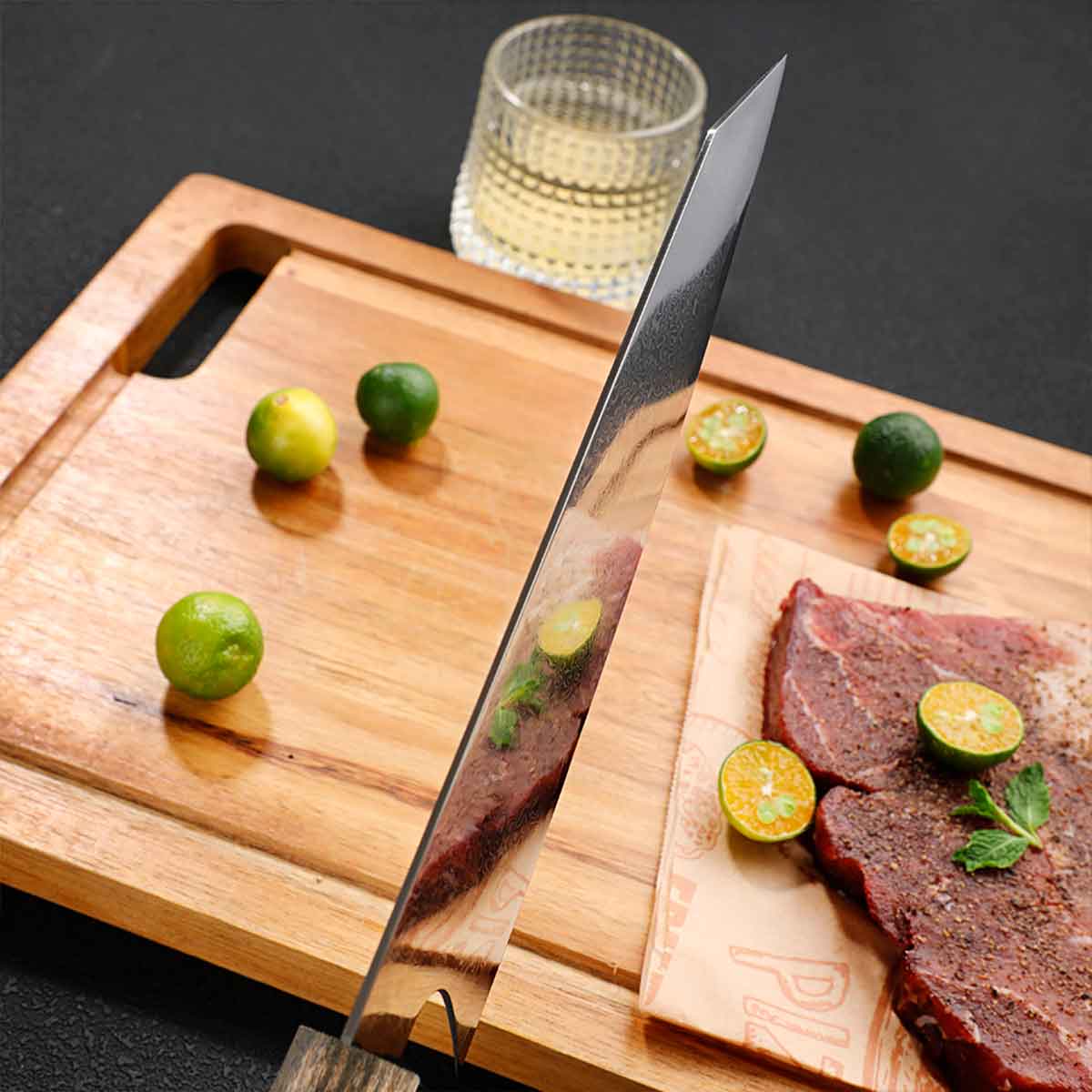 Cuchillo Kiritsuke 21cm Damasco lluvia+10Cr Madera Marrón