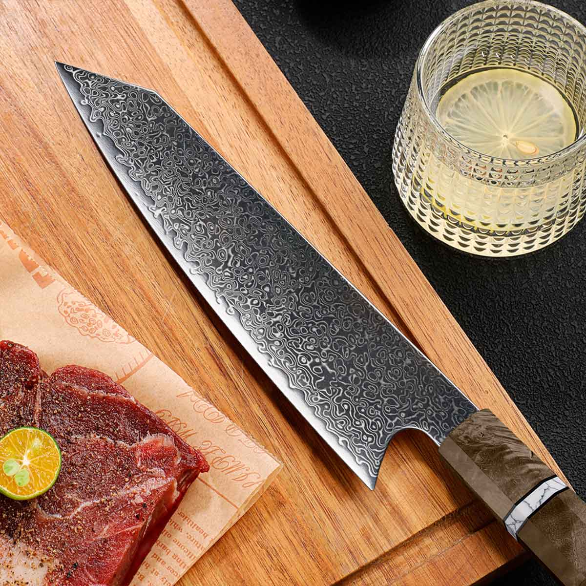 Cuchillo Kiritsuke 21cm Damasco lluvia+10Cr Madera Marrón