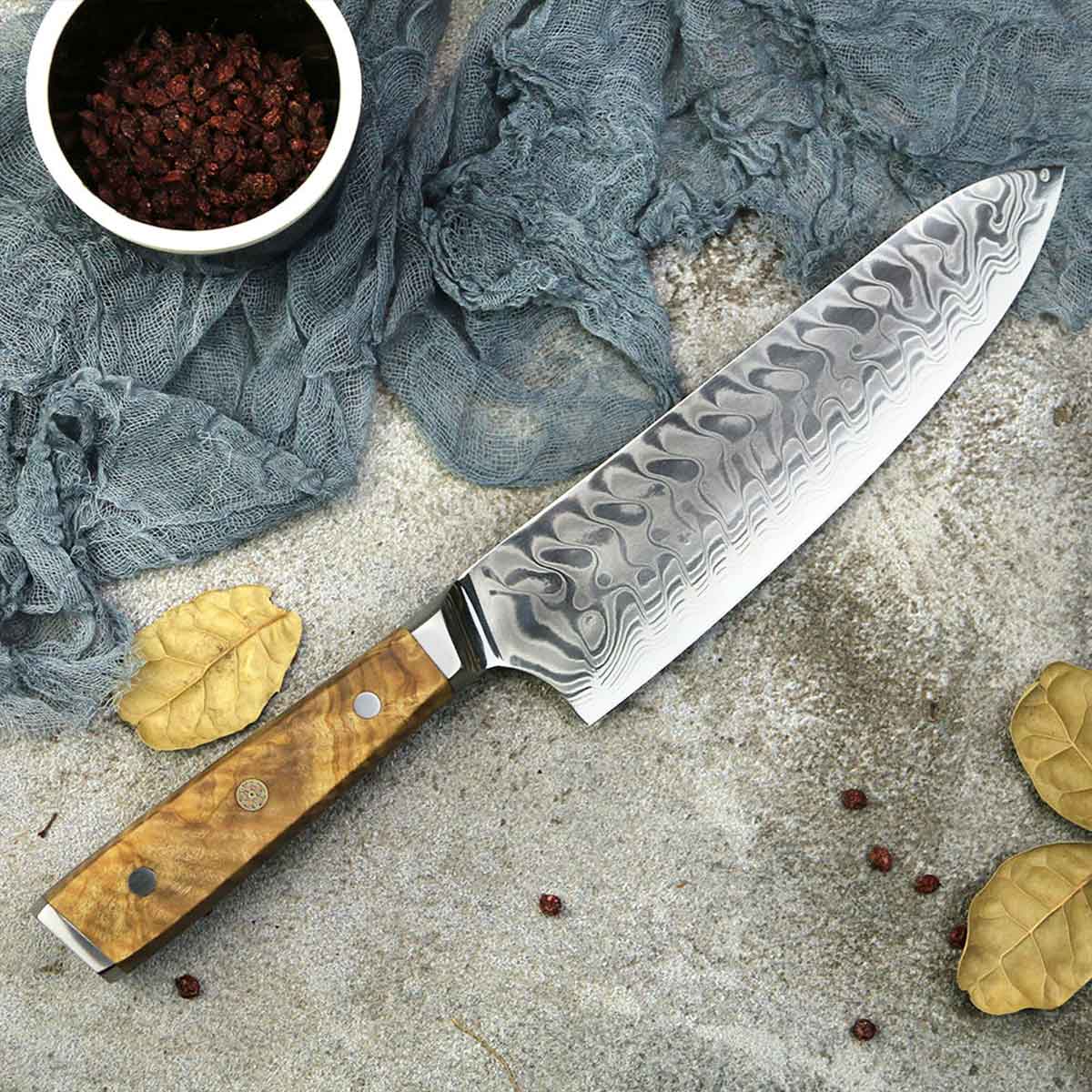 Cuchillo Gyuto 21 cm Damasco 440c Mango Olivo