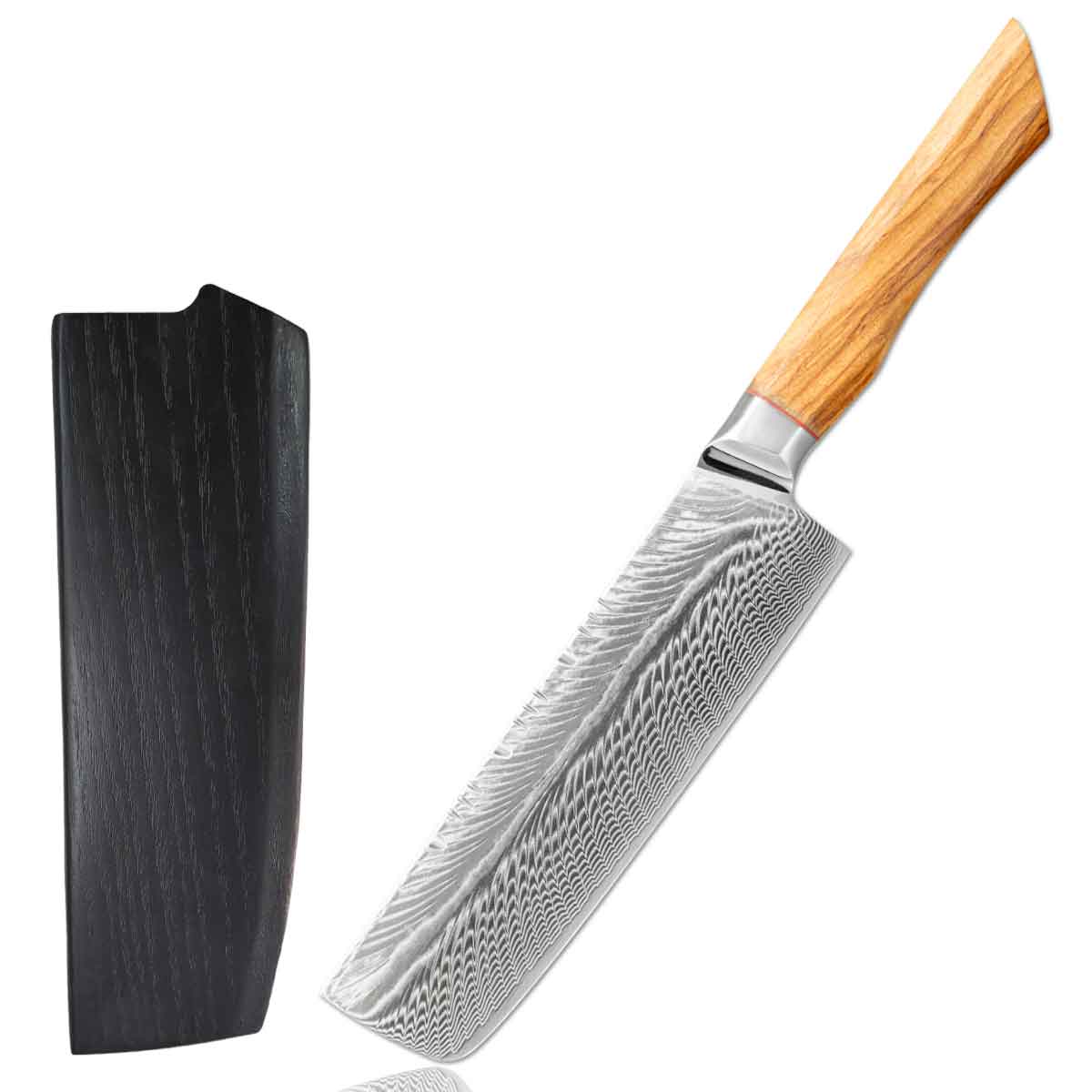 Cuchillo Nakiri 18cm AUS10+Damasco Pluma mango Olivo + Funda