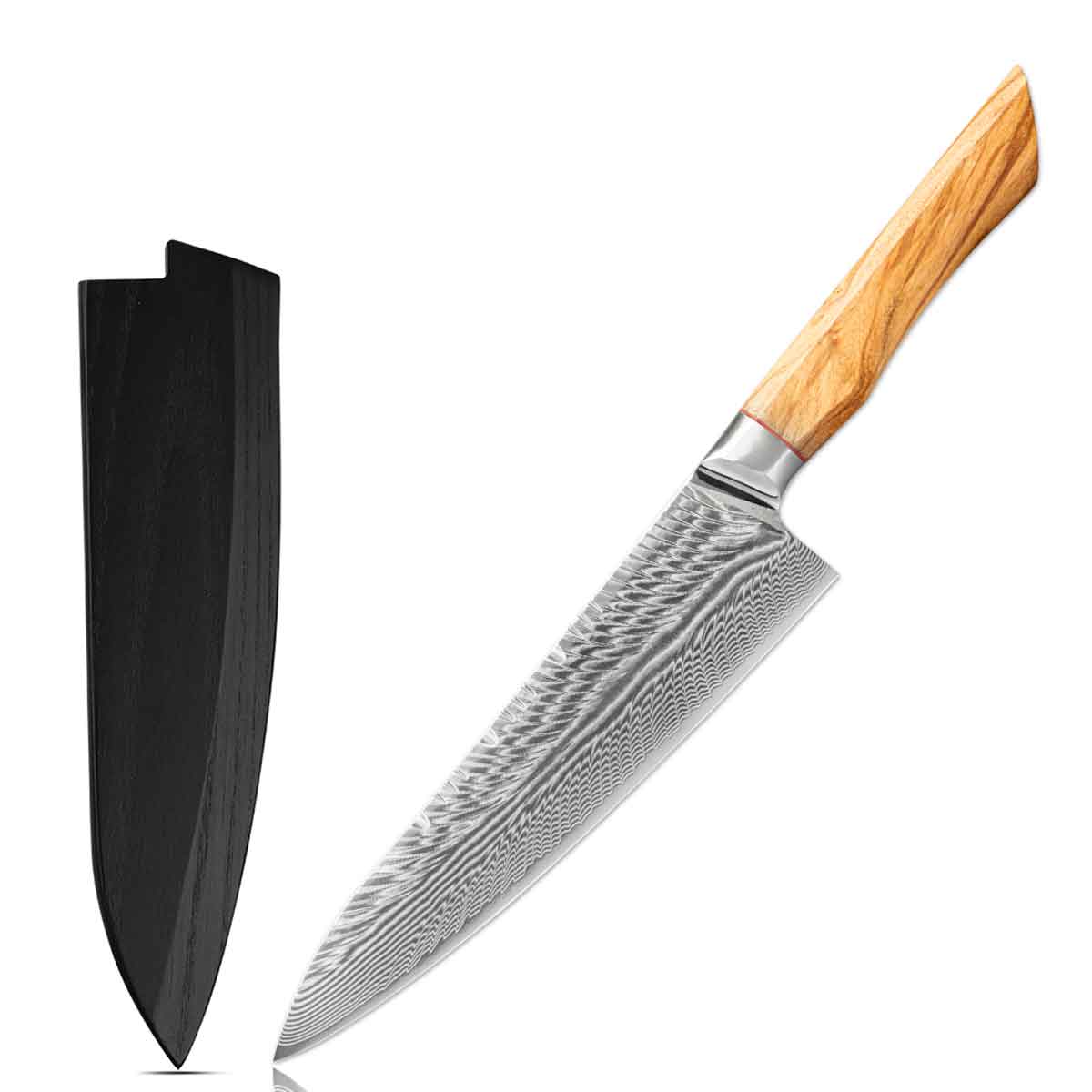 Cuchillo Gyuto 20 cm AUS10+Damasco Pluma mango Olivo + Funda