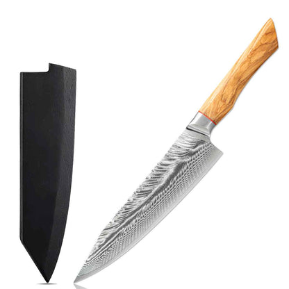 Cuchillo Kiritsuke 20 cm AUS10+Damasco Pluma mango Olivo + Funda