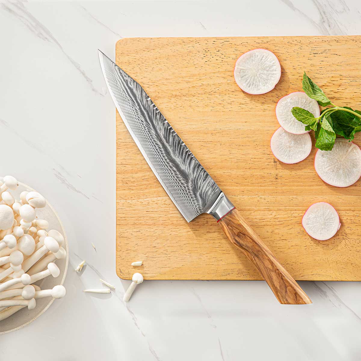 Cuchillo Kiritsuke 20 cm AUS10+Damasco Pluma mango Olivo + Funda