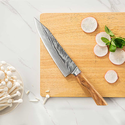 Cuchillo Kiritsuke 20 cm AUS10+Damasco Pluma mango Olivo + Funda