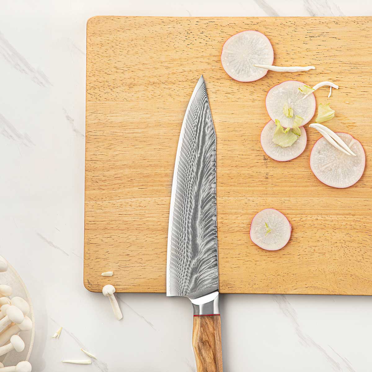 Cuchillo Kiritsuke 20 cm AUS10+Damasco Pluma mango Olivo + Funda