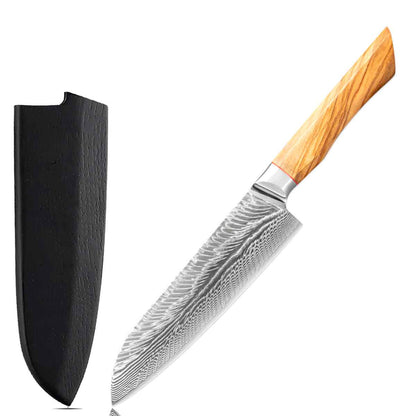 Cuchillo Santoku 18cm AUS10+Damasco Pluma mango Olivo + Funda