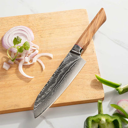 Cuchillo Santoku 18cm AUS10+Damasco Pluma mango Olivo + Funda