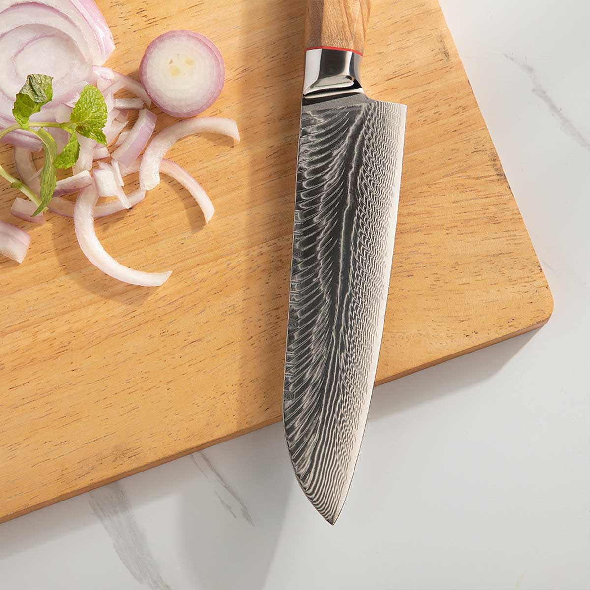 Cuchillo Santoku 18cm AUS10+Damasco Pluma mango Olivo + Funda