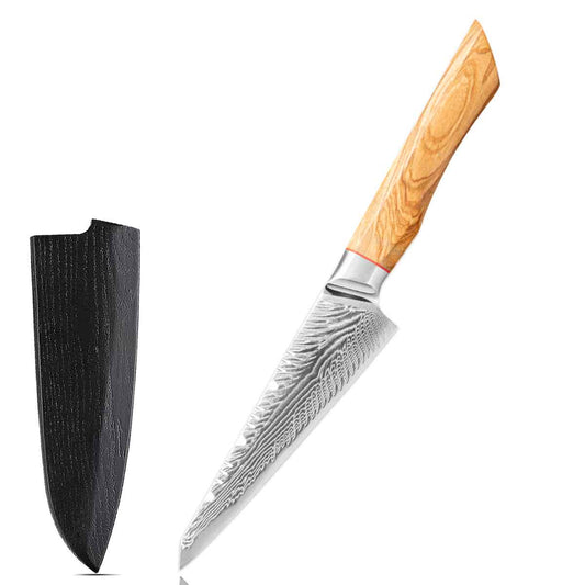 Cuchillo Utilitario 15 cm AUS10+Damasco Pluma mango Olivo + Funda