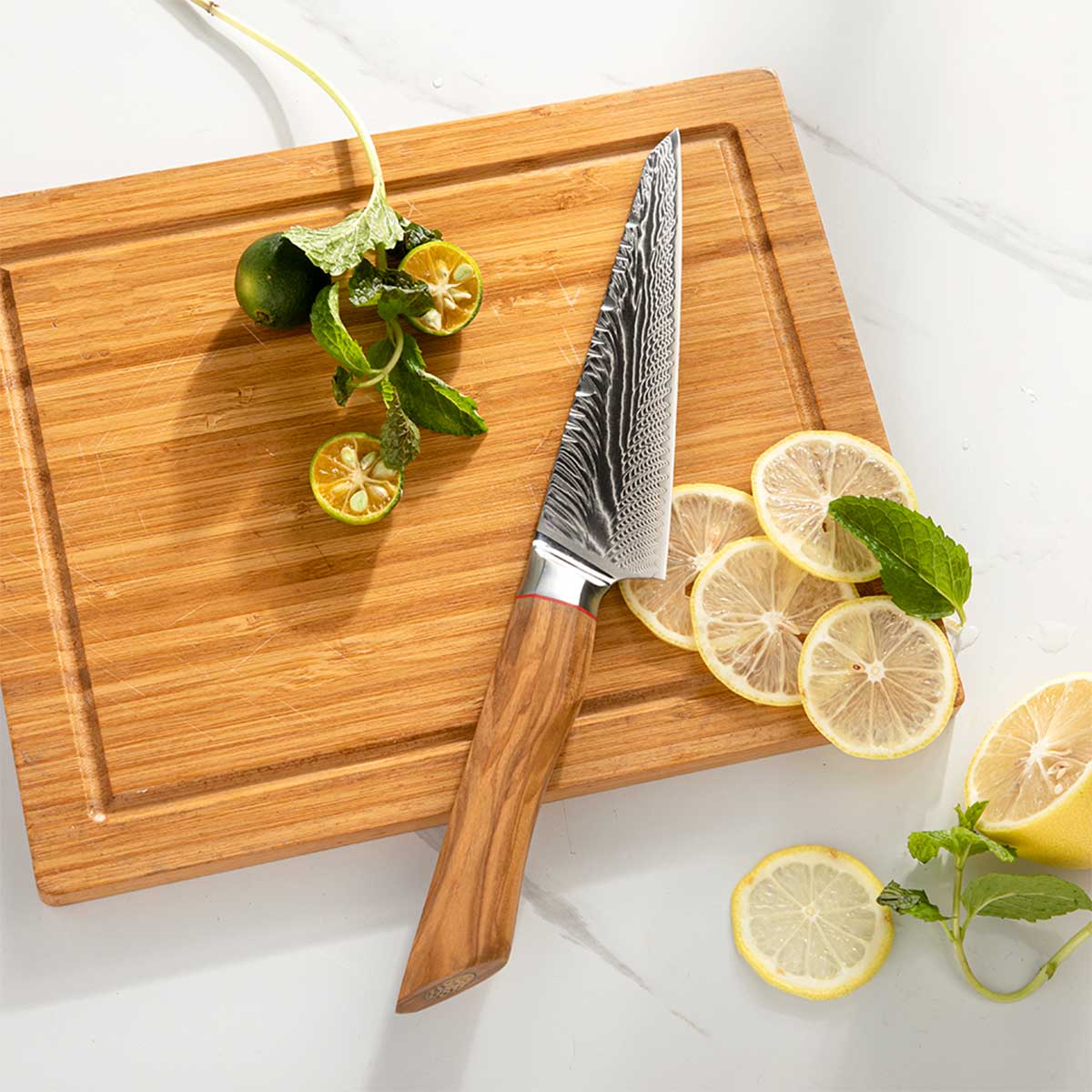 Cuchillo Utilitario 15 cm AUS10+Damasco Pluma mango Olivo + Funda