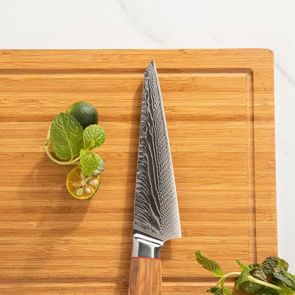 Cuchillo Utilitario 15 cm AUS10+Damasco Pluma mango Olivo + Funda