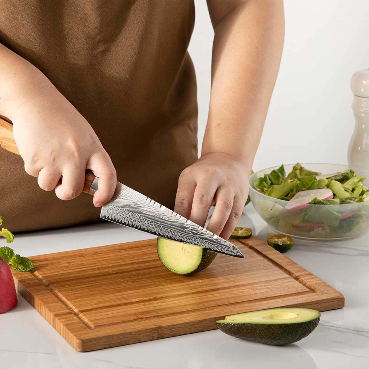 Cuchillo Utilitario 15 cm AUS10+Damasco Pluma mango Olivo + Funda