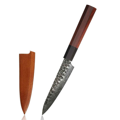 Cuchillo Utilitario 15cm 440c Kurouchi Clad mango Caoba + Funda