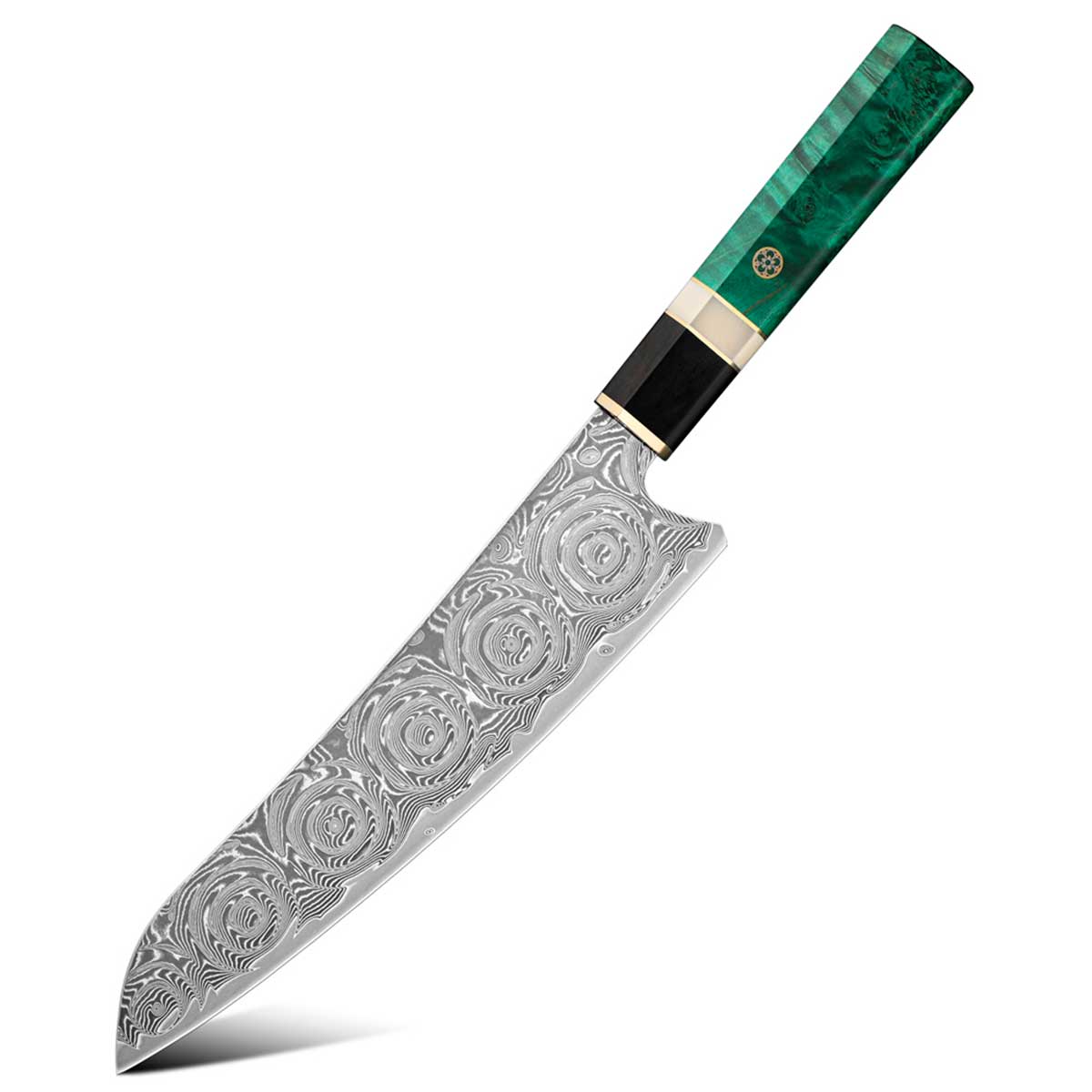 Cuchillo Gyuto 22cm 10Cr+Damasco Rosas Ébano+Esmeralda