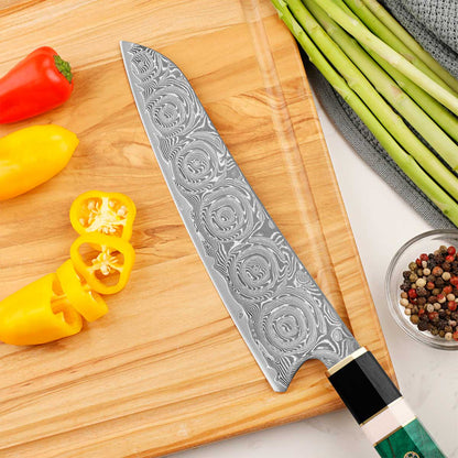 Cuchillo Gyuto 22cm 10Cr+Damasco Rosas Ébano+Esmeralda