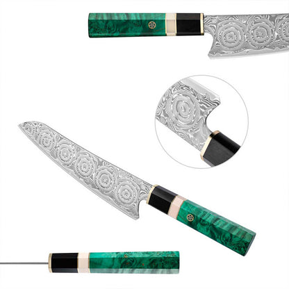 Cuchillo Gyuto 22cm 10Cr+Damasco Rosas Ébano+Esmeralda