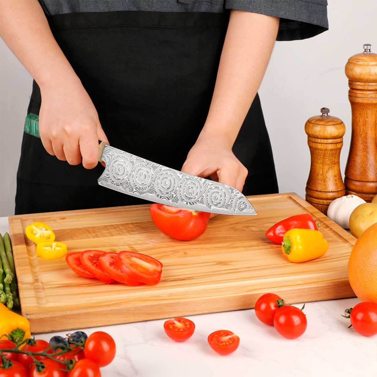 Cuchillo Gyuto 22cm 10Cr+Damasco Rosas Ébano+Esmeralda