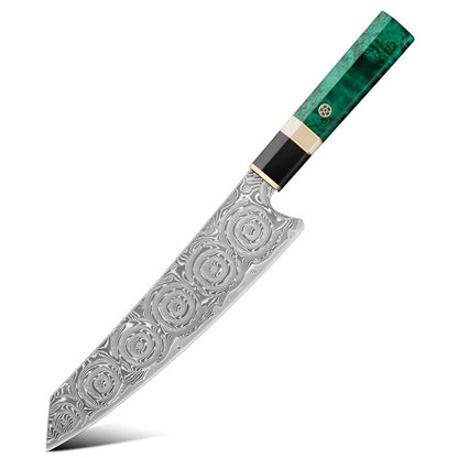 Cuchillo Kiritsuke 22cm 10Cr+Damasco Rosas Ébano+Esmeralda