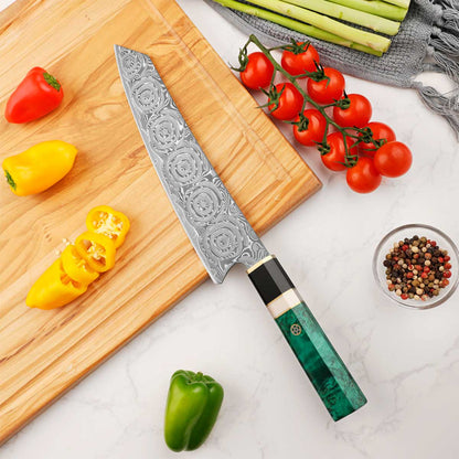 Cuchillo Kiritsuke 22cm 10Cr+Damasco Rosas Ébano+Esmeralda