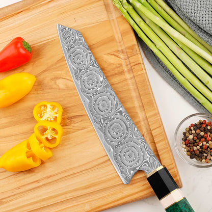 Cuchillo Kiritsuke 22cm 10Cr+Damasco Rosas Ébano+Esmeralda