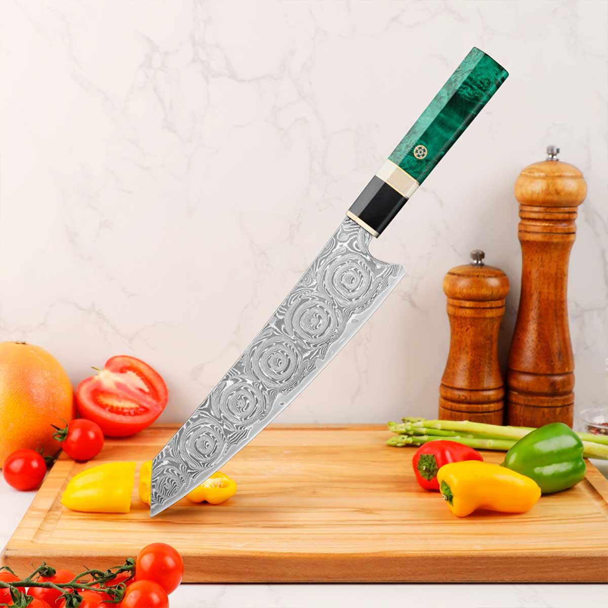 Cuchillo Kiritsuke 22cm 10Cr+Damasco Rosas Ébano+Esmeralda