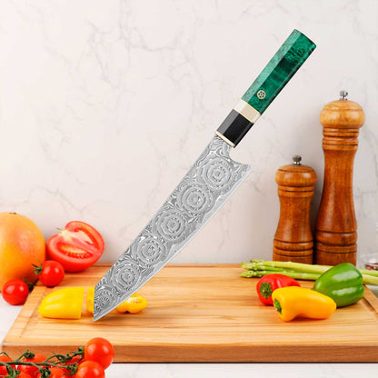 Cuchillo Kiritsuke 22cm 10Cr+Damasco Rosas Ébano+Esmeralda