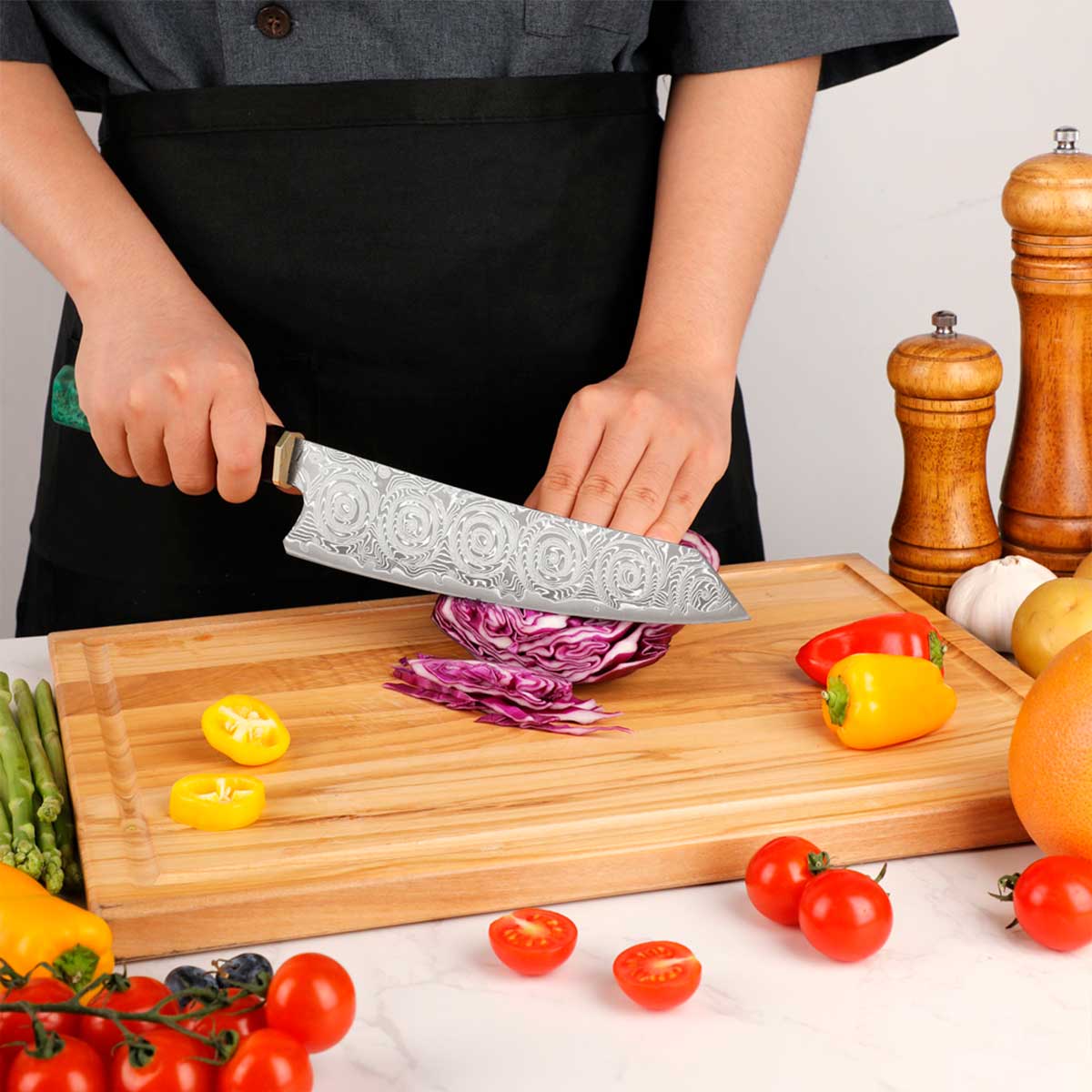 Cuchillo Kiritsuke 22cm 10Cr+Damasco Rosas Ébano+Esmeralda