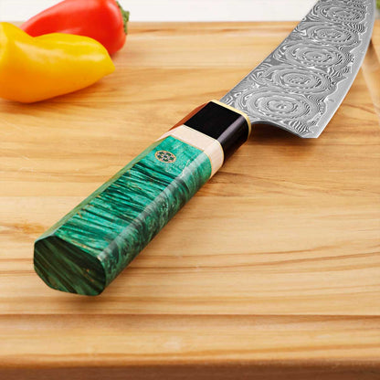 Cuchillo Kiritsuke 22cm 10Cr+Damasco Rosas Ébano+Esmeralda