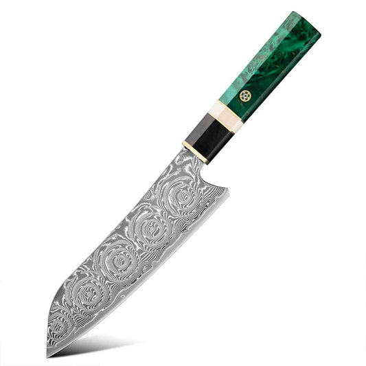 Cuchillo Santoku 18cm 10Cr+Damasco Rosas Ébano+Esmeralda