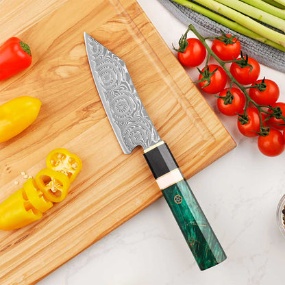 Cuchillo Bunka 13cm 10Cr+Damasco Rosas Ébano+Esmeralda