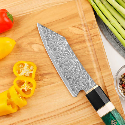 Cuchillo Bunka 13cm 10Cr+Damasco Rosas Ébano+Esmeralda