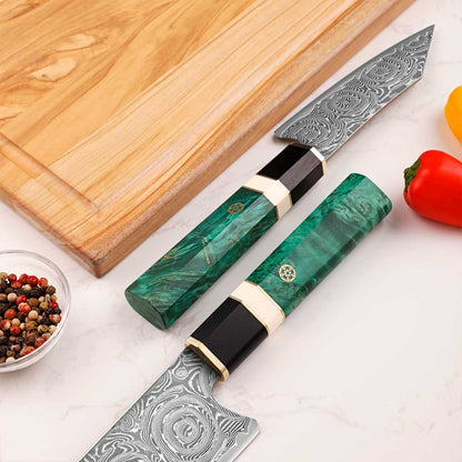 Cuchillo Bunka 13cm 10Cr+Damasco Rosas Ébano+Esmeralda