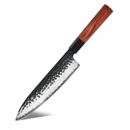 Cuchillo de Chef 20cm AUS-10 Clad Kurouchi Martillado Mango Mkuruti y Ebano fondo blanco