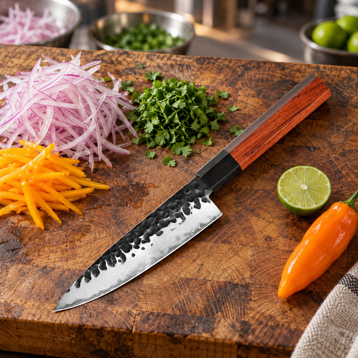 Cuchillo utilitario HM-19D de 14 cm sobre tabla de madera con ingredientes para salsa criolla peruana.