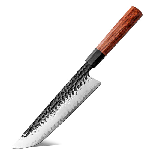 Cuchillo Sakimaru Chef 20cm AUS-10 Clad Kurouchi Martillado Mango Mkuruti y Ebano con fondo blanco.