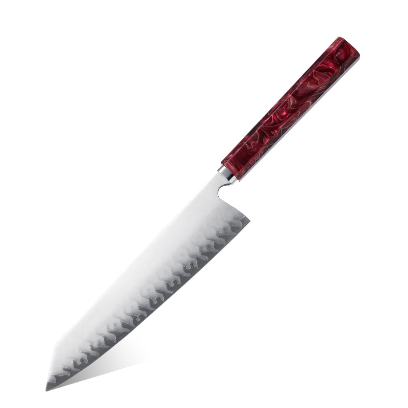 Cuchillo Kiritsuke 21cm 9Cr Llama Clad Resina Roja y Cobre con fondo blanco
