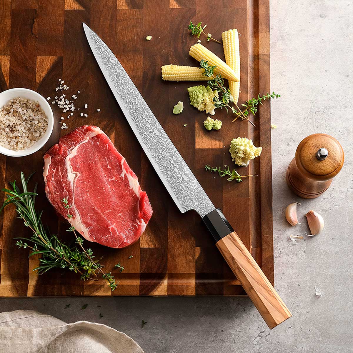 Cuchillo Fileteador 26cm 10Cr+Damasco Onda expansiva Olivo